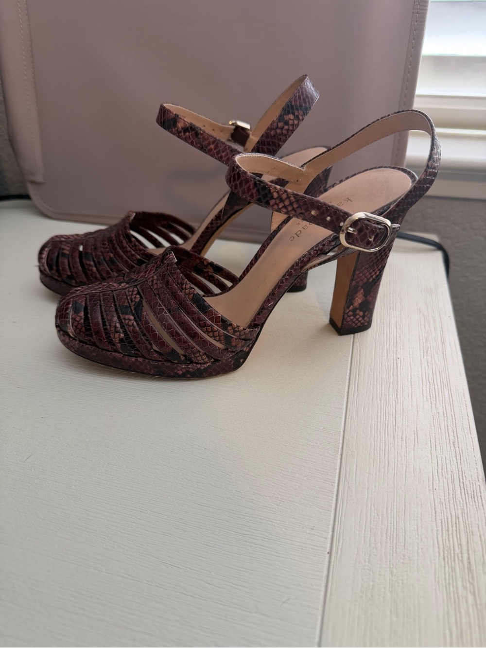 kate spade Brown Snake-Print Block Heel Sandals
